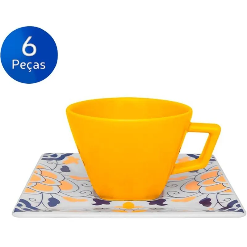 Conjunto de Xícaras de Café com Pires 6 Peças Quartier Sevilha - Oxford - Azul / Amarelo