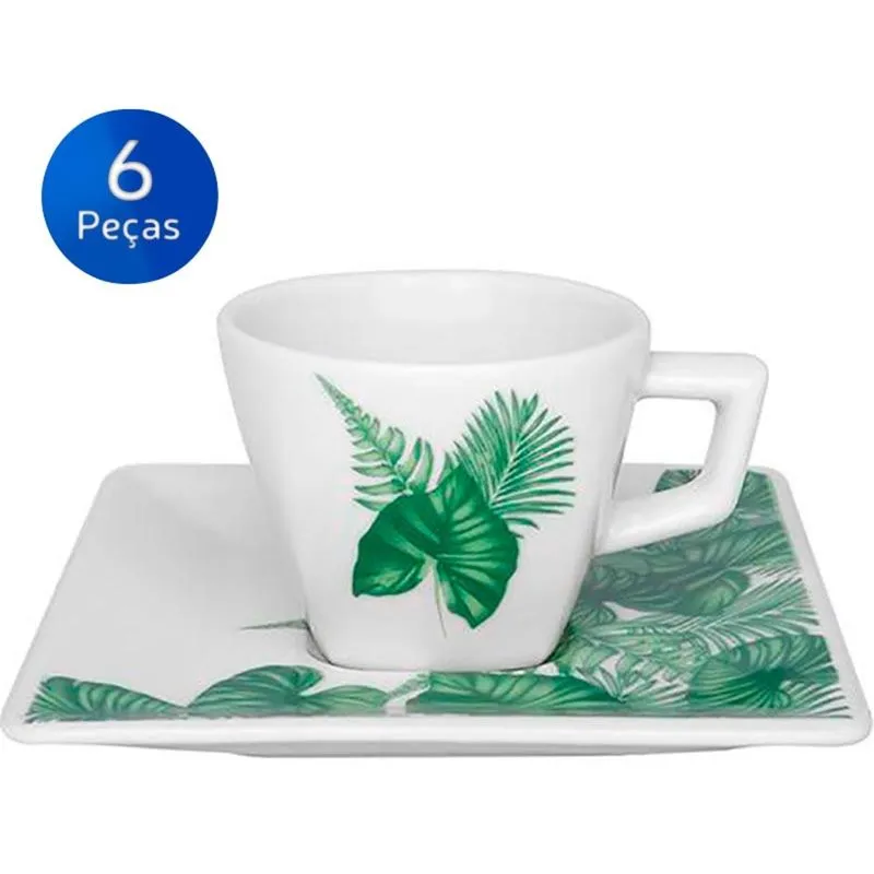 Conjunto de Xícaras de Café com Pires 6 Peças Quartier Paradise - Oxford Branco/verde
