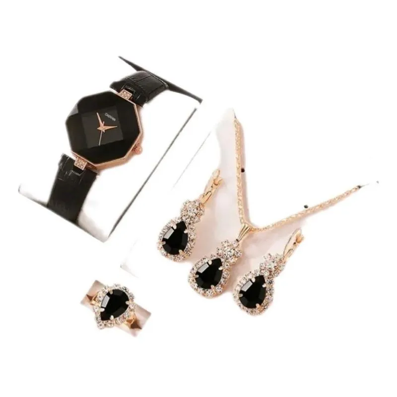 Conjunto 5 Jóias Feminina Relógio Colar Anel Brincos Luxo