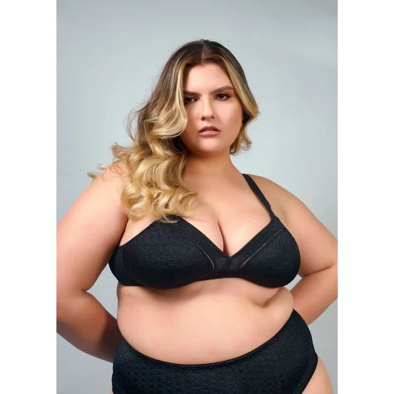 Sutiã Tradicional Sem Bojo E Sem Aro Com Alças Reforçadas Em Microfibra trabalhada Fio Lycra Nordic PRETO 48
