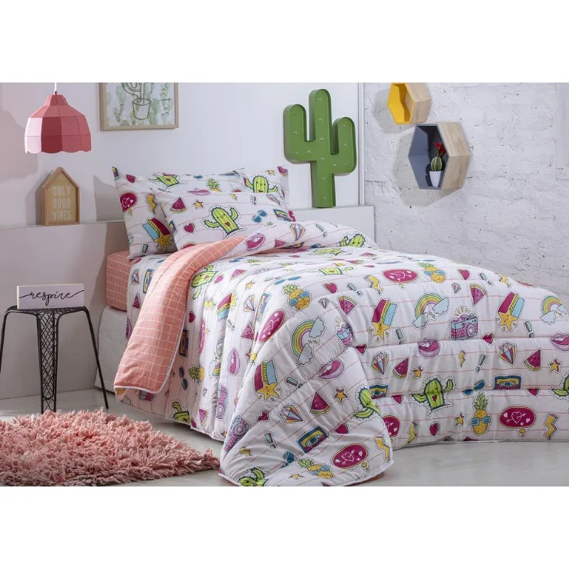 Kit Edredom Solteiro Infantil Sultan+ Jogo De Cama Cactus