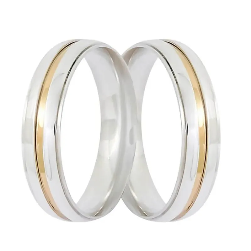 Par De Aliança Aço Anatômica Prata 6mm C/filete Ouro Dourado
