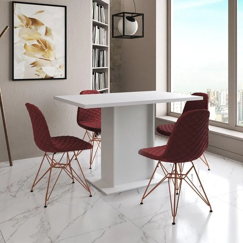 Mesa Jantar Londres Tampo Branco 120Cm 4 Cadeiras Base Cobre Estofado Vermelho