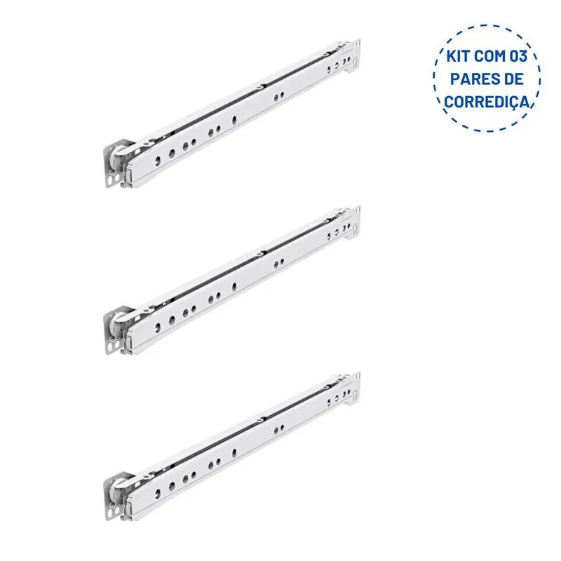 Kit 03 Corrediças De Roldana Branca Blum Gaveta Móveis 25cm