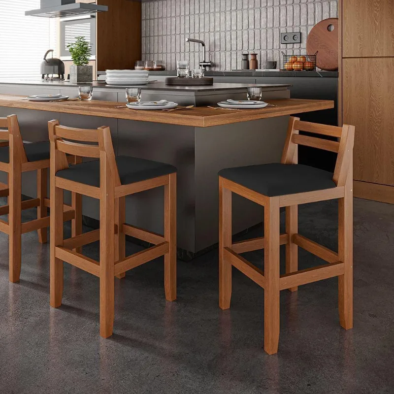 Conjunto 2 Banquetas Em Madeira Maciça Ibiza Ilha 78 Cm Com Encosto - Malbec Assento Preto