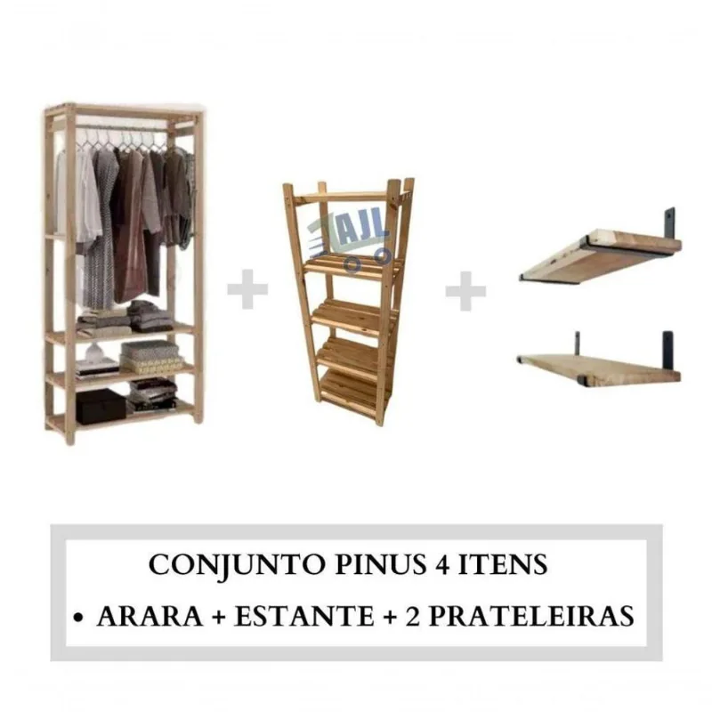 Apoio Modular 2 Prateleiras Madeira Pinus Maciça C/ Aparador