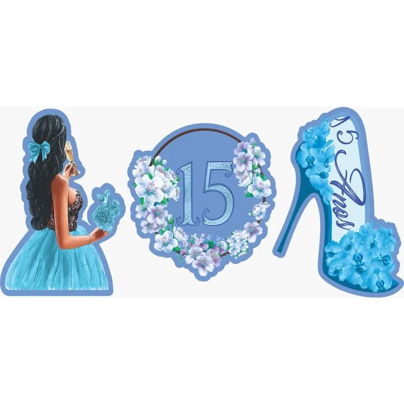 Kit Display de Mesa 6 Pçs Festa Aniversário 15 anos Azul mdf