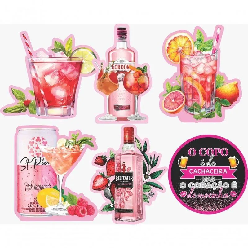 Kit Display De Mesa 6 Peças Para Festa Boteco Rosa Mdf
