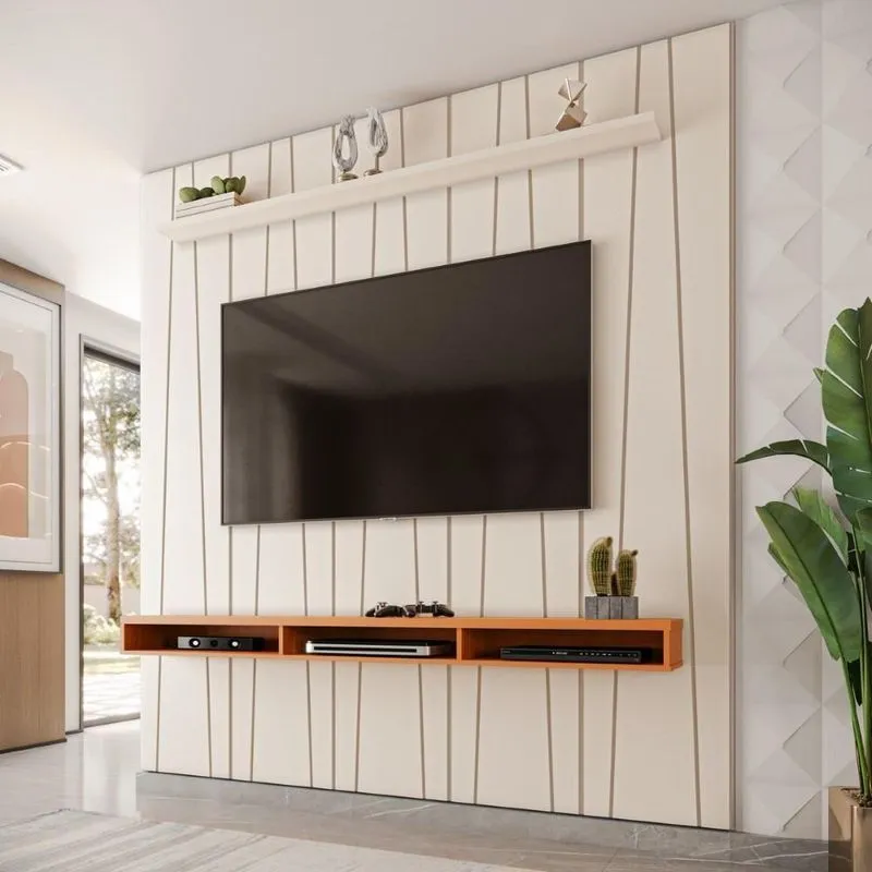 Painel Ripado Horizon Para TV Até 75 Polegadas Com Nicho 225cm Off White Cedro