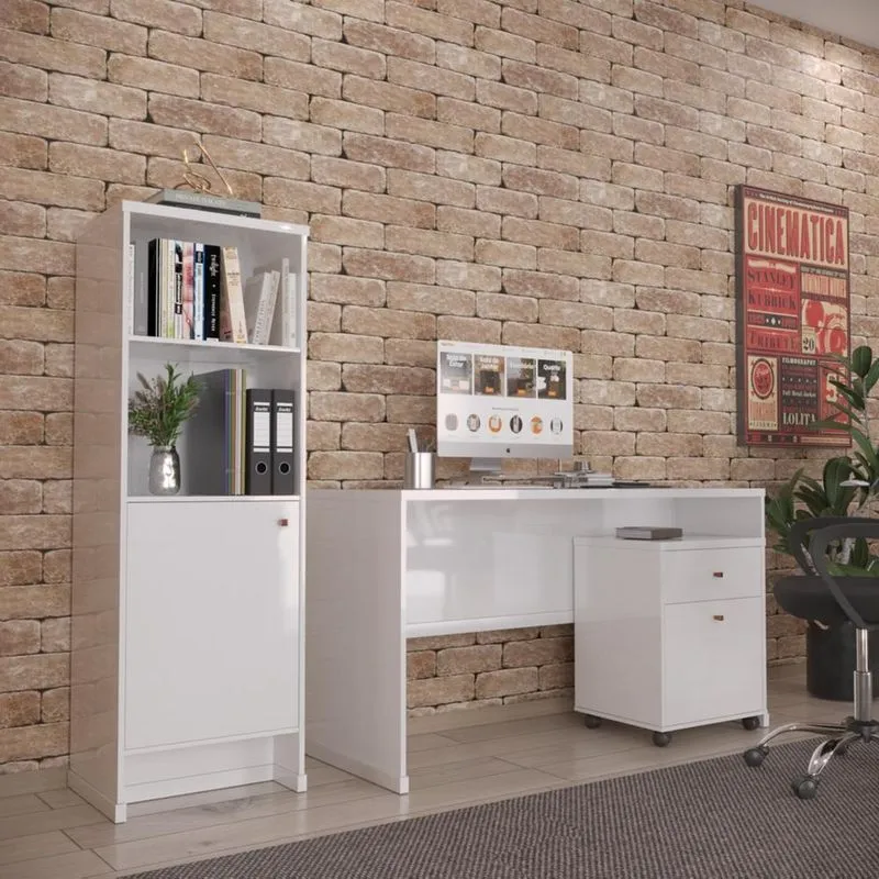 Conjunto Escritório 3 Peças - Mesa Armário E Gaveteiro Berlin - Branco