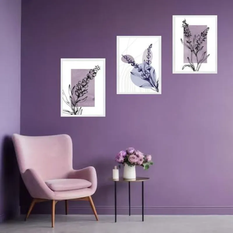 Kit 3 Quadros Modernos Arte Lavanda 45X34Cm - Com Vidro