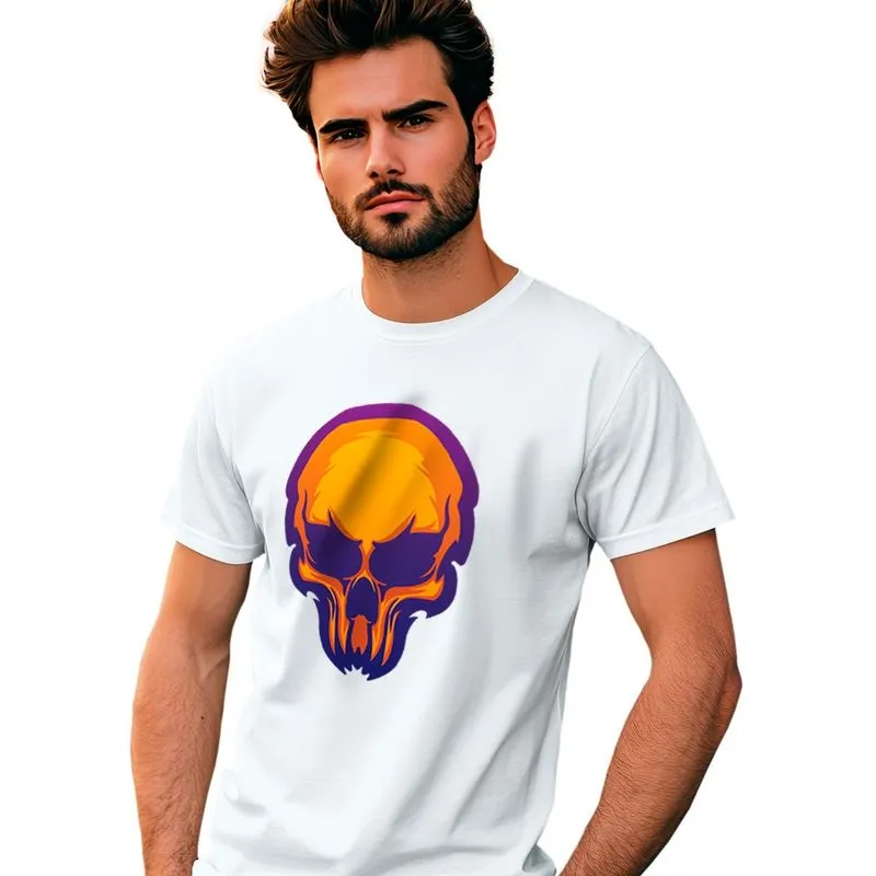 Camiseta Estampada Caveira Roxa 100% Algodão Gola U Branca