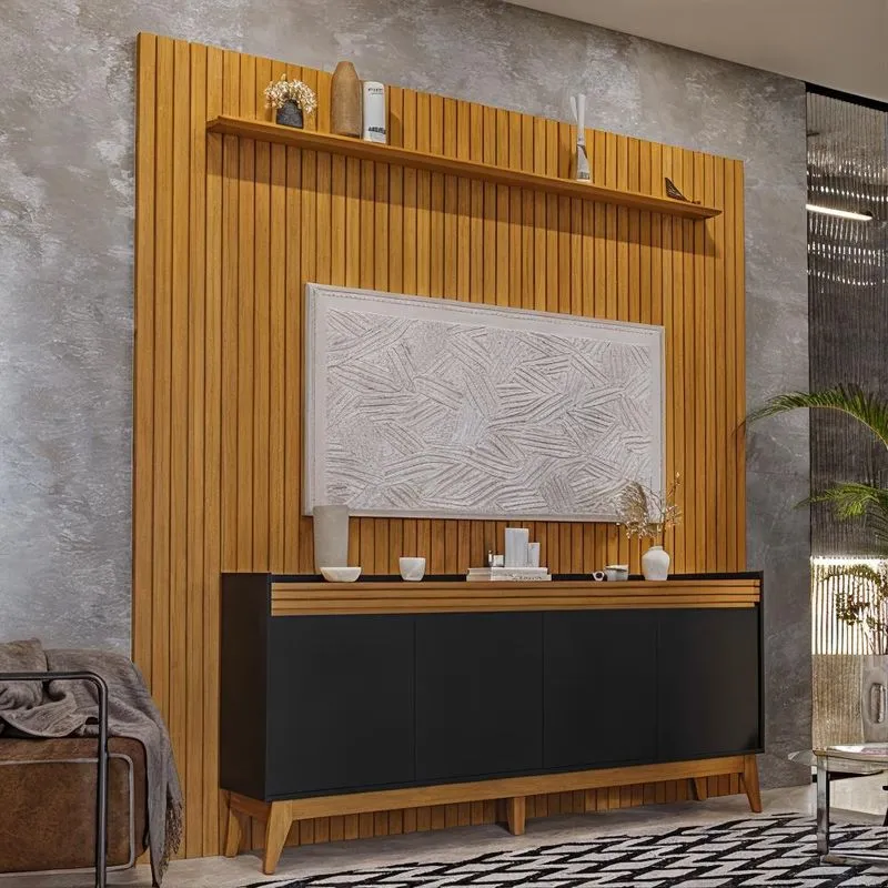 Painel Ripado 229cm Com Buffet Ripado 4 Portas 180cm - Preto E Cedro