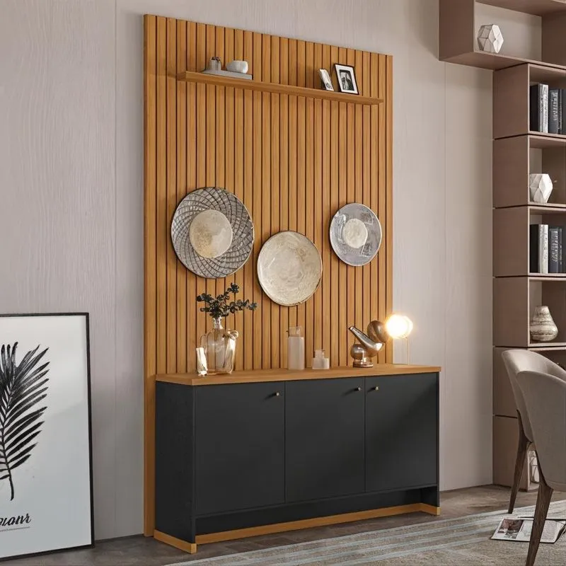Painel Ripado 139cm Com Buffet 3 Portas Berlin 135cm - Preto E Cedro