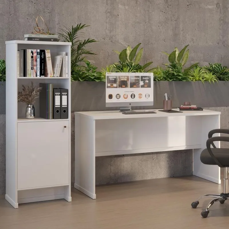 Conjunto Escritório 2 Peças - Mesa E Armário Verbena - Branco Branco