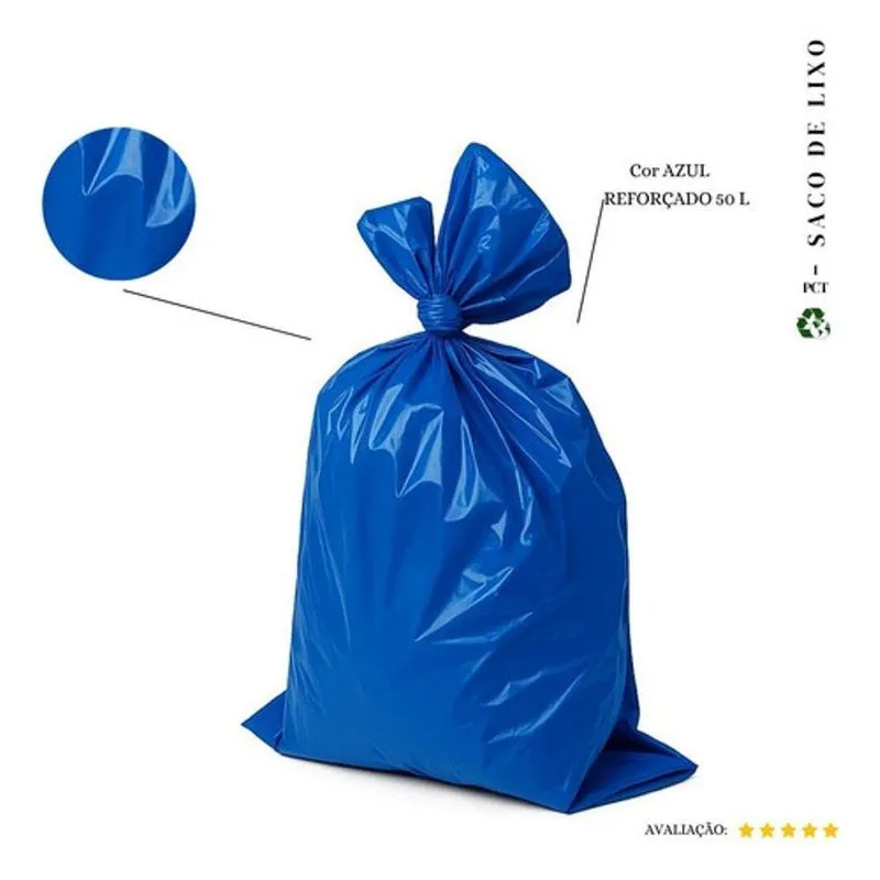 Saco De Lixo 50l Reforçado Azul 100 Und Para Resíduos Médios Azul Higipack