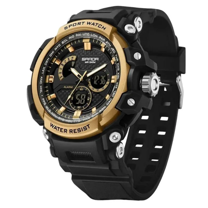Relógio Eletrônico Masculino Sanda 3388 Digital em Silicone com LED Dourado