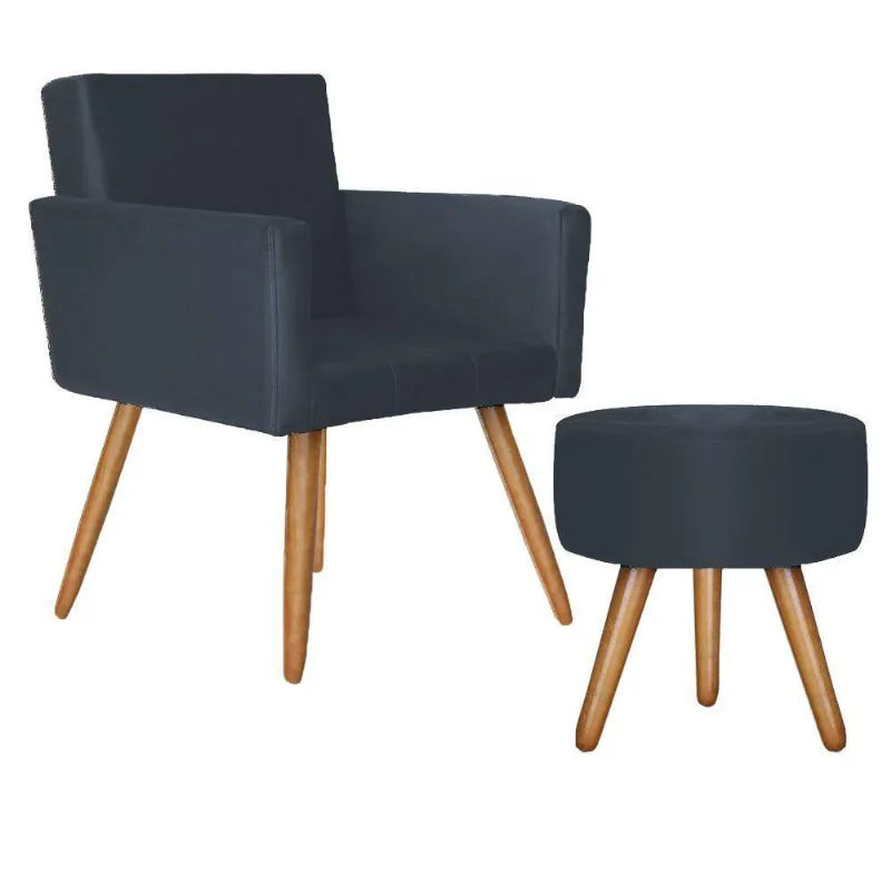 Poltrona Vitória Com Puff Bali Decorativo Suede Azul Marinho