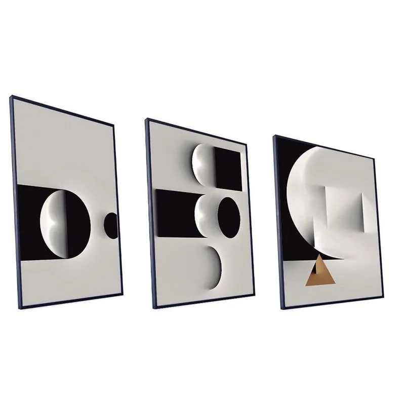 Kit Quadro Abstrato Preto E Branco Canvas Sem Vidro Tamanho-moldura 150x100 Filete Cor Preta