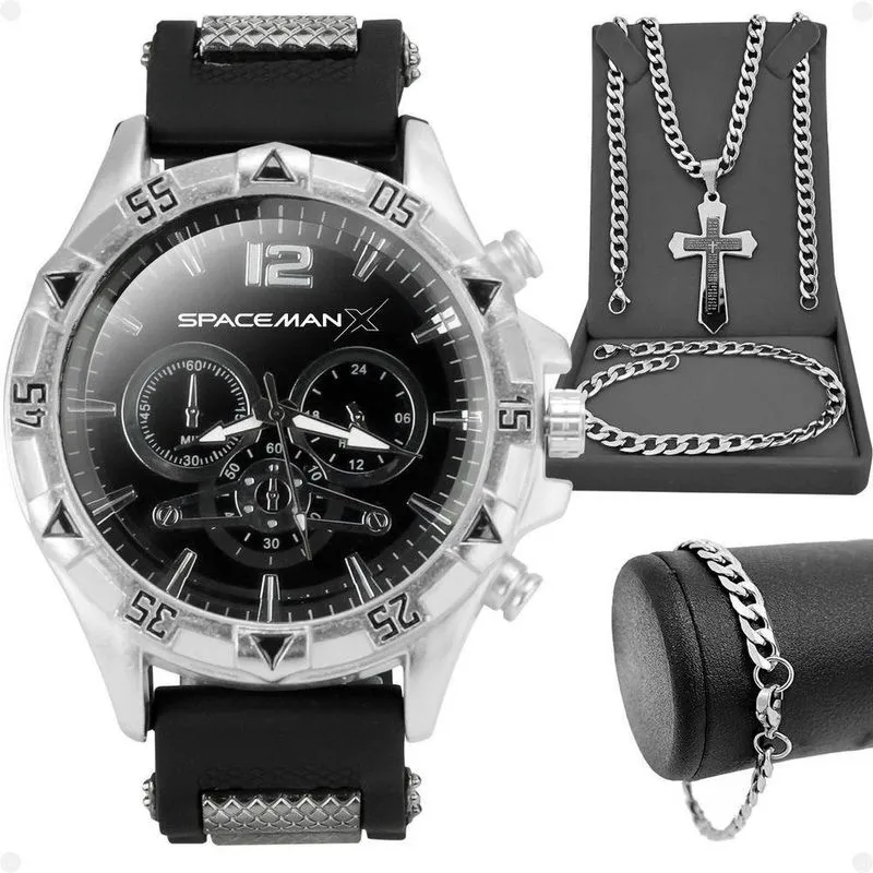 Relogio Masculino Aço Inox + Pulseira Ajustavel Black Piano Inoxidável Presente Casual Pai Nosso