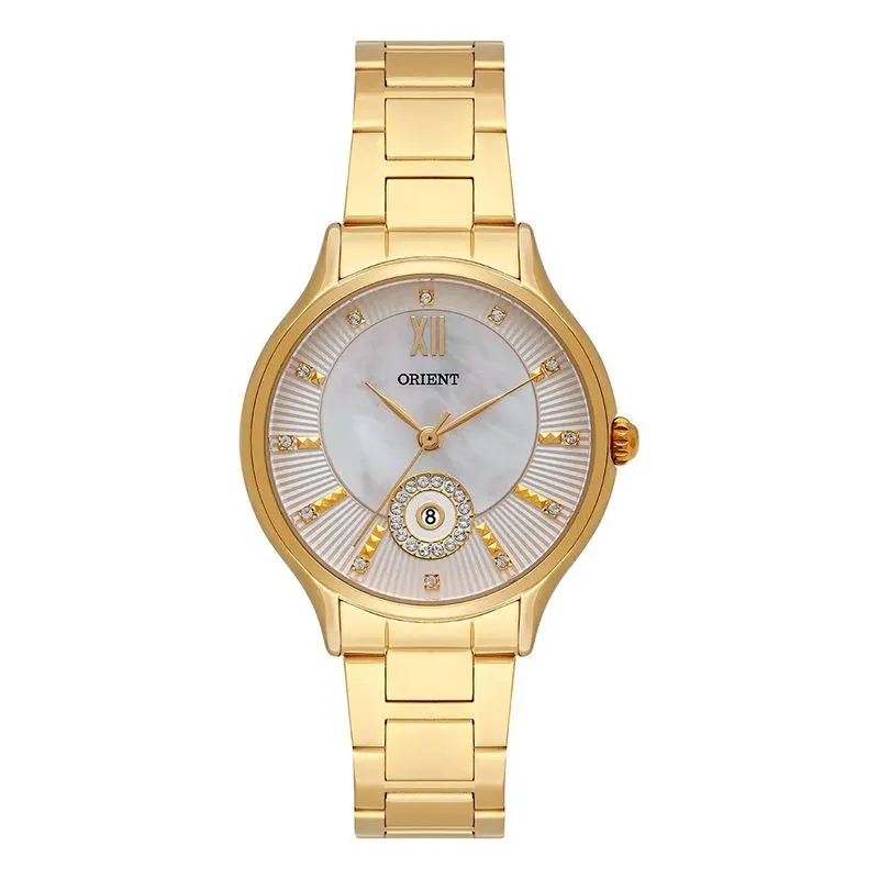 Relógio De Pulso Feminino Orient Dourado Pequeno Cristais Swarovski Executiva Analógico Fgss1186