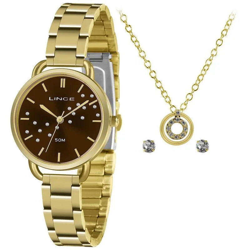 Kit Relógio Feminino Lince + Colar E Brincos Folheados 18k