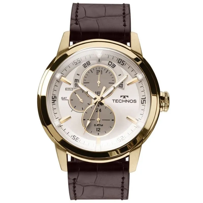 Relógio technos masculino dourado couro 6P57AC/2C