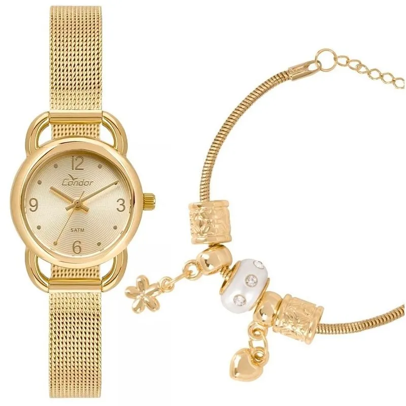 Relógio Feminino Condor Dourado Pequeno Com Pulseira Berloques