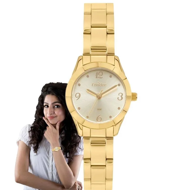 Relógio de Pulso Condor Feminino Analogico Quartz Pequeno Redondo Aço Inóx Prova Dágua Casual Dourado COPC21JDA/4D