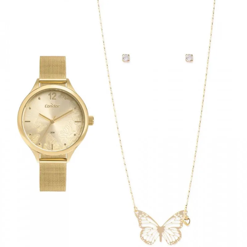 Relógio Feminino Analógico Condor CO2036MUYS/K4D com Colar e Brinco Dourado