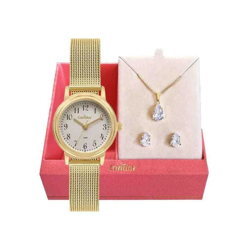 Kit Relógio + Cordão + Brinco Condor Dourado Feminino Co2035Ncd