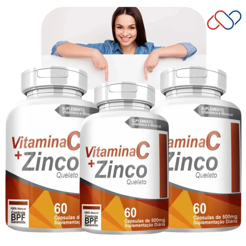Kit Com 3 Potes Vitamina C + Zinco 500mg C/180 Cápsulas