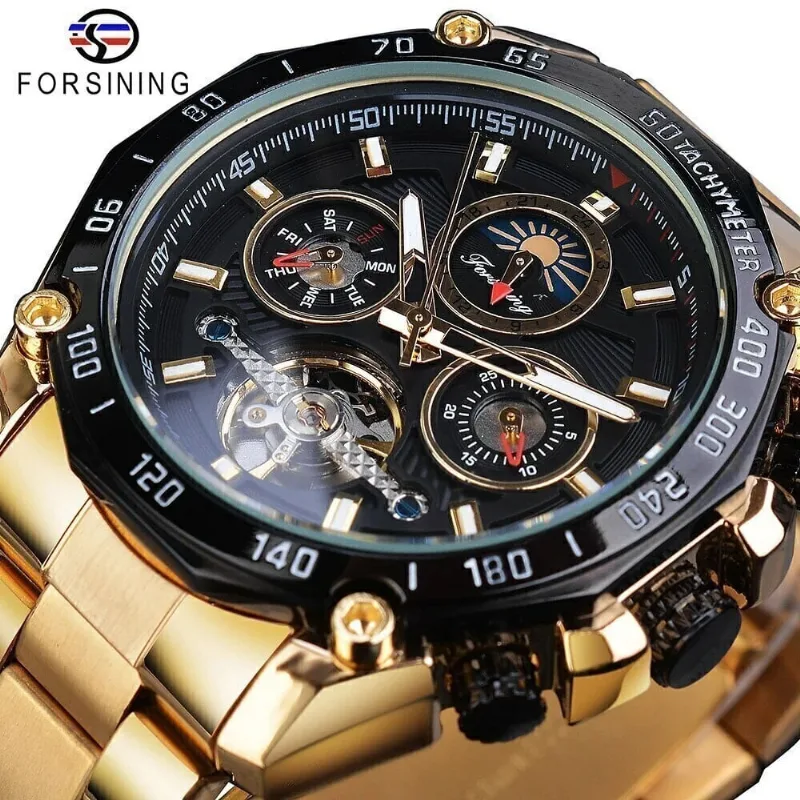 Relógio Masculino Forsining Gmt1163-6 À Prova D'água Preto
