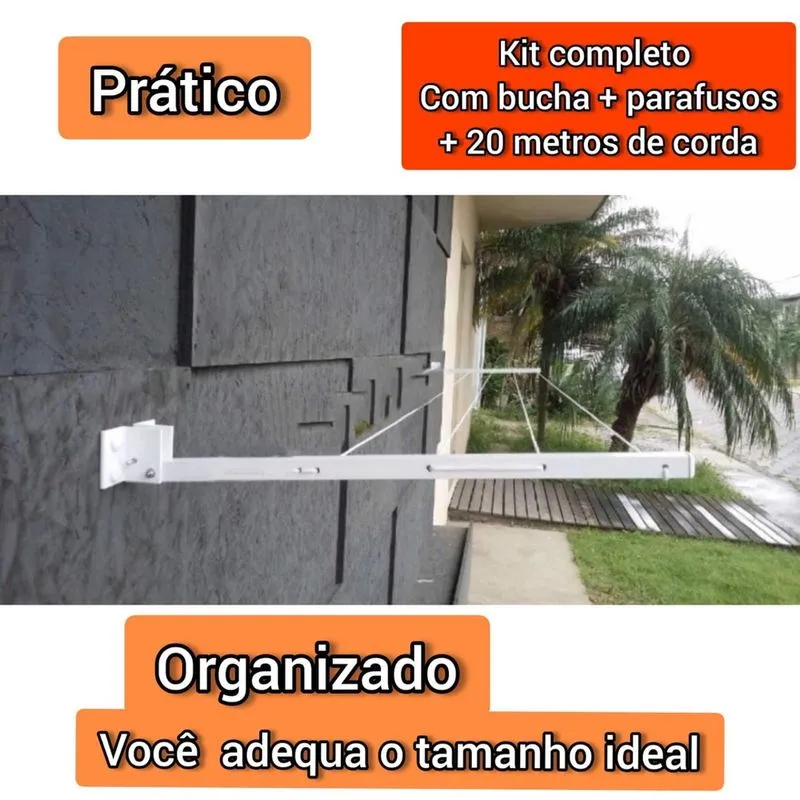 Varal Roupas Dobrável Alumínio Parede Muro Apartamento + corda