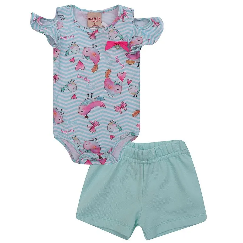 Conjunto Bebê Body e Short Passarinhos-VERDE-PEQUENO