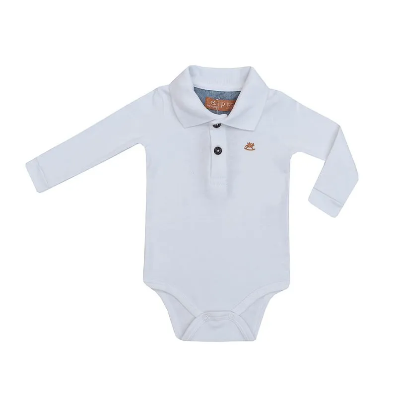 Body Polo Masculino Bebê Manga Longa Suedine Branco-BRANCO-PEQUENO