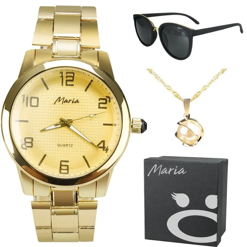 Relógio banhado aço + colar + caixa casual social presente strass qualidade premium perola