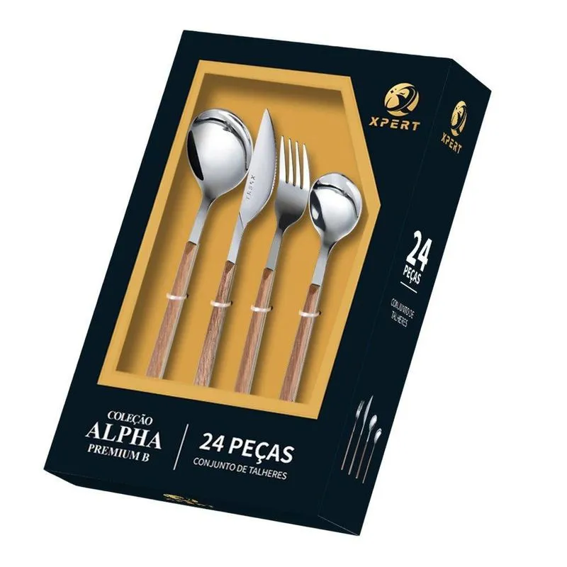 Conjunto 24 Peças Talheres Cabo Tipo Madeira