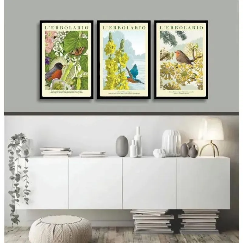 Kit 3 Quadros Passarinhos Flores Espécies 33X24Cm - Vidro