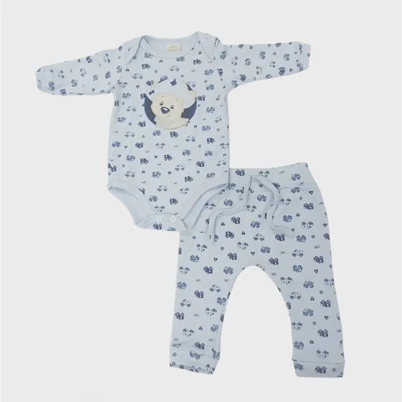 Korte Rekorte Conjunto Body Manga Longa Urso e Culote Azul