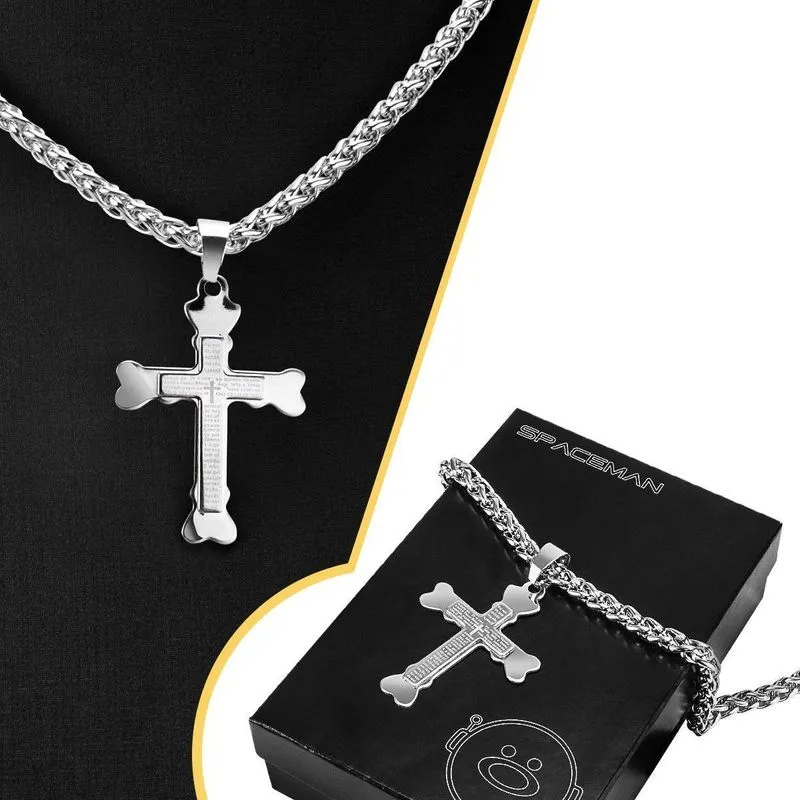 Pingente Cruz Pai Nosso + Cordão Aço Inox Prata + Caixa Moda