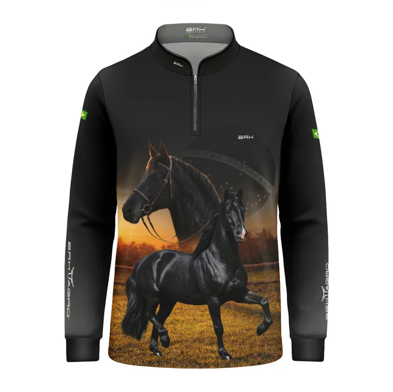 Camisa Agro Infantil BRK Cavalos Elite com Proteção Solar UV50+ Preta 12 a 13 Anos