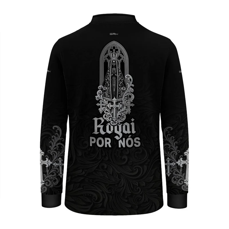 Camisa Infantil Nossa Senhora Aparecida Rogai por Nós Preto e Prata com UV50 6 a 7 Anos