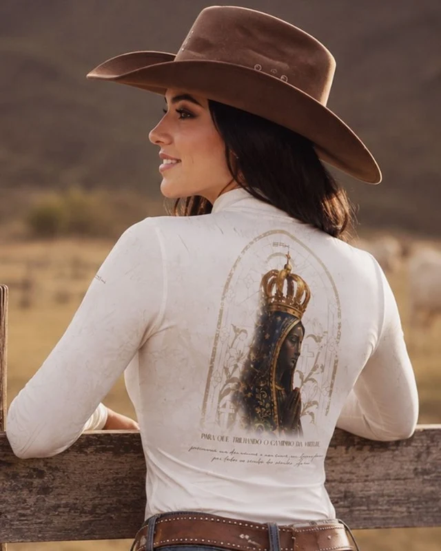 Camisa Feminina Nossa Senhora Aparecida Oração Branco com UV50 G1