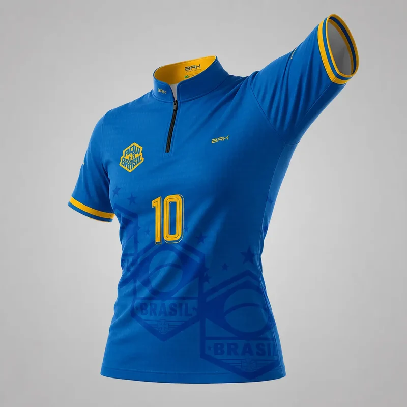Camiseta Brk Feminina Aqui é o Brasil Escudo 10 Azul Royal com Proteção UV50 PP