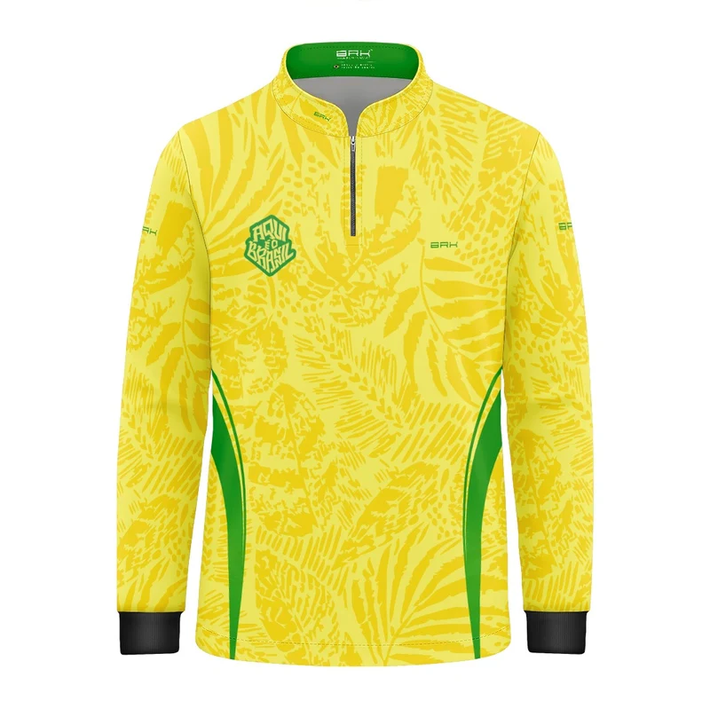 Camisa Brk Infantil Aqui é o Brasil Folhagem Tropical Amarela com Proteção UV50 10 a 11 Anos