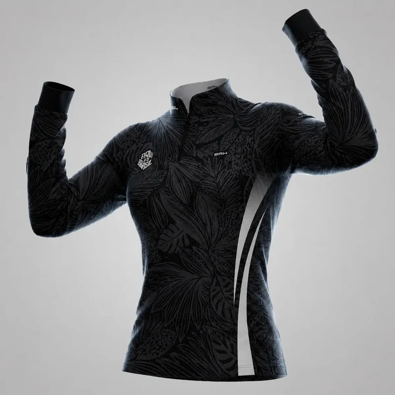 Camisa Brk Feminina Aqui é o Brasil Folhagem Tropical Preta com Proteção UV50 M