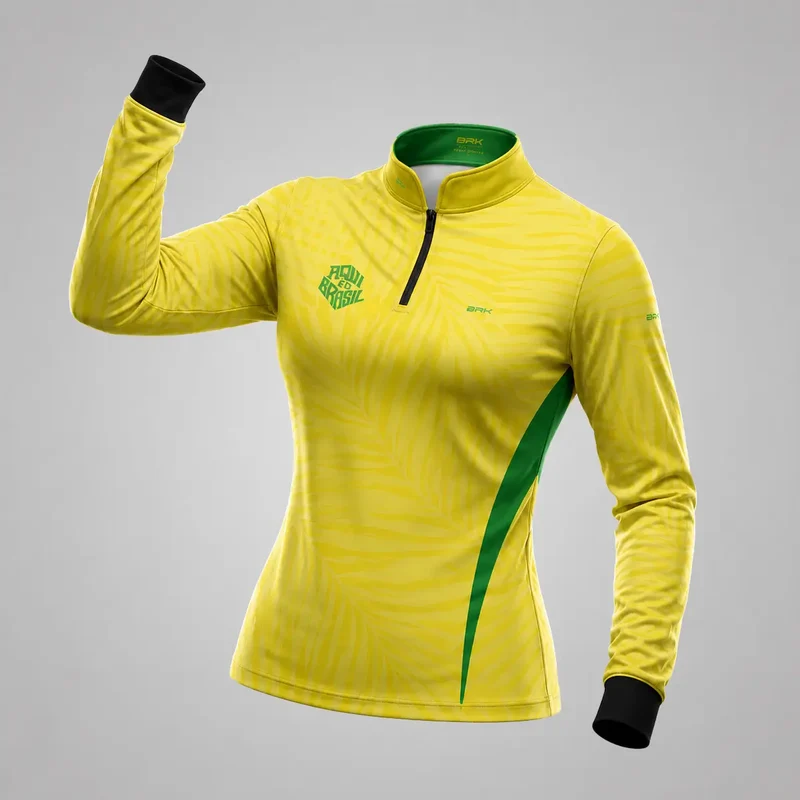 Camisa Brk Feminina Aqui é o Brasil Tropical Amarela com Proteção UV50 GG