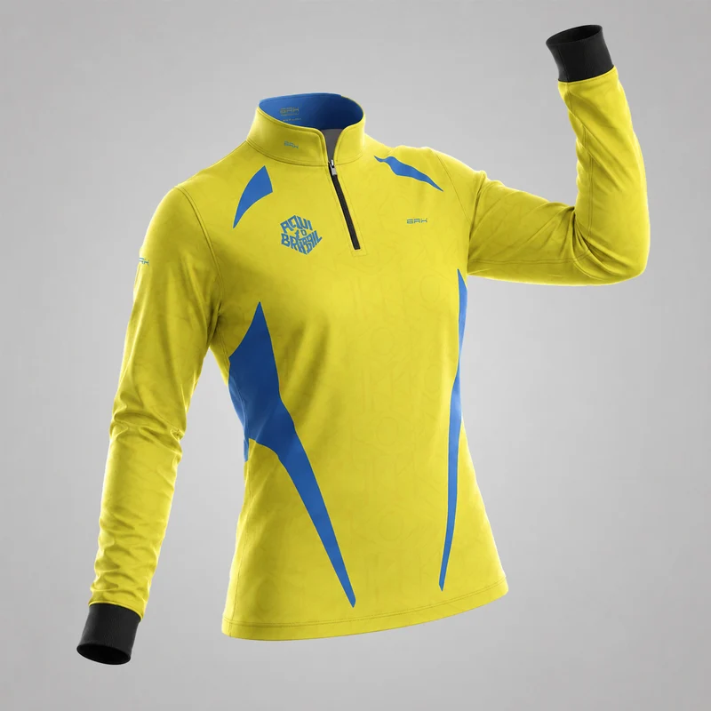 Camisa Brk Feminina Aqui é o Brasil Bandeira Geométrica Amarela com Proteção UV50 P