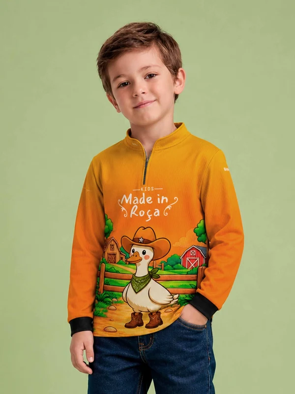 Camisa Agro Kids Made in Roça Patinho Cowboy Laranja com Proteção UV50 10 a 11 Anos